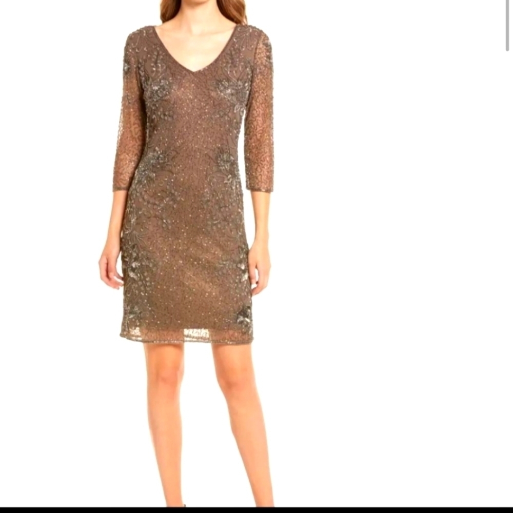 Pisarro Nights Size 8 Mocha Beaded Midi Dress